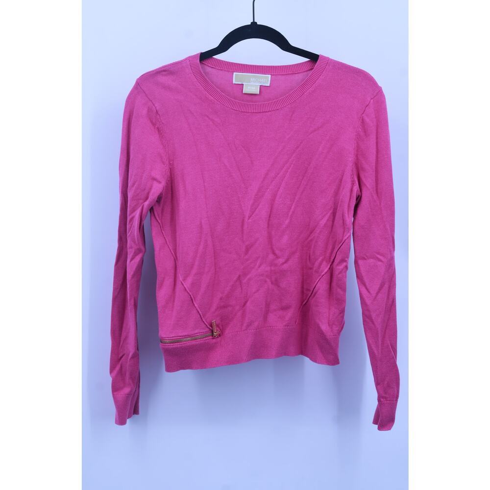Michael Kors Women's Pullover Crew Neck Sweater Long Sleeve Gold Zip Size M Pink